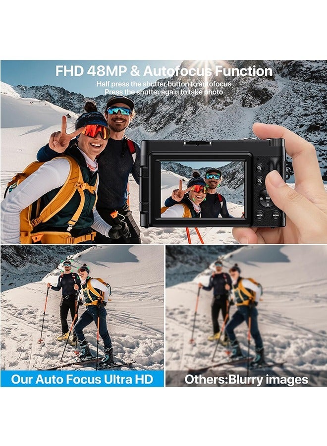 4K Digital Camera Photography Autofocus 48MP 8 Megapixel Camera With Sd Card, Lens Angle 75°, 3.0 Inch Screen Video Recording Camera Youtube Video Compact Camera, 16x Digital Zoom, 1 Battery