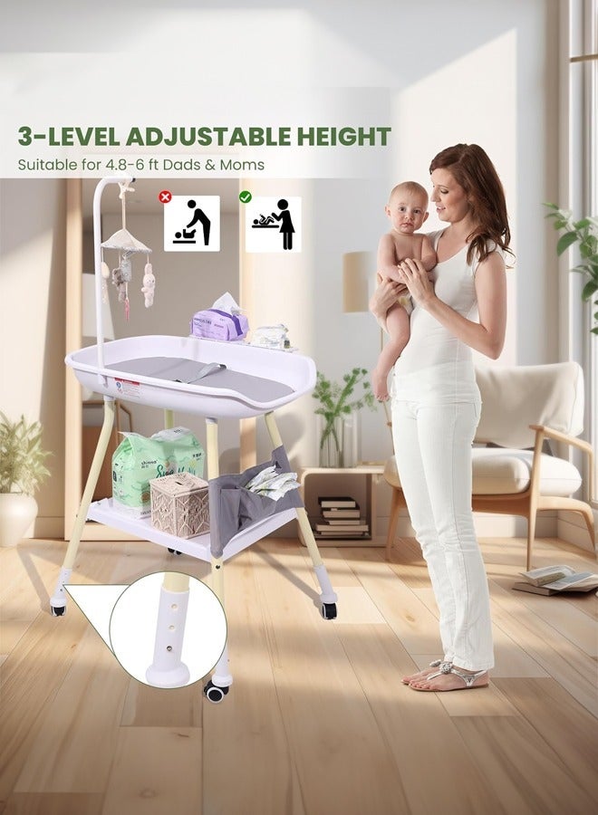 Baby changing table Portable adjustable height White with nursery storage table and large storage rack Suitable for newborns and toddlers