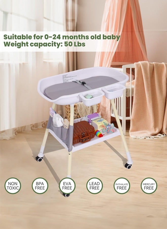 Baby changing table Portable adjustable height White with nursery storage table and large storage rack Suitable for newborns and toddlers