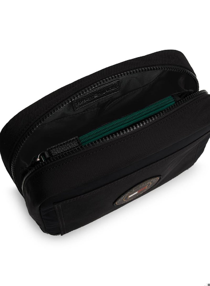 Men's Mixed Texture Logo Badge Washbag, Black- Recycled Polyester