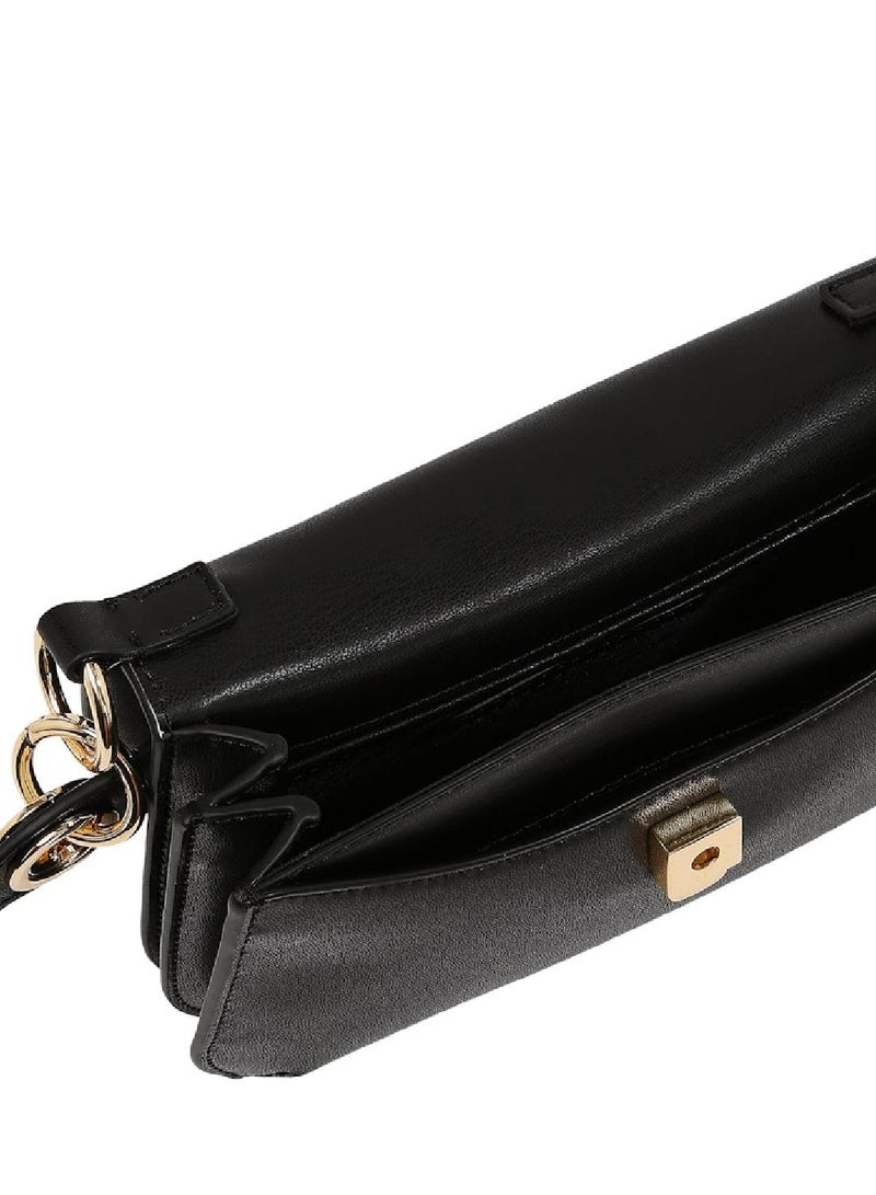 Women's Chic Flap Crossover Handbag, Black - faux leather