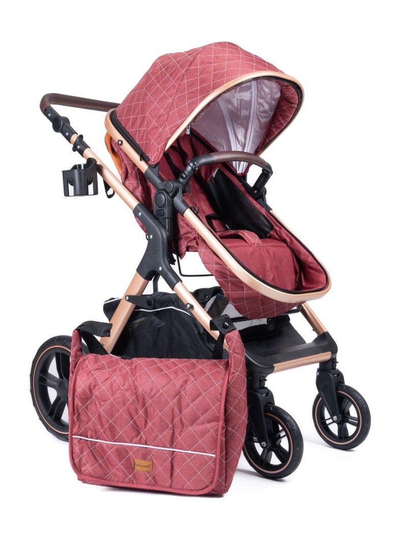 Belecoo One Fold-to-Half Luxury Baby Stroller 2-in-1 Travel Pram & Bassinet – Lightweight Compact Foldable Pushchair with Reversible Handlebar, Adjustable Reclining Backrest, Extendable Canopy, Shock Absorbing Wheels, Storage Basket – High Landscape Newborn & Toddler Stroller for Boys & Girls – Elegant Red.