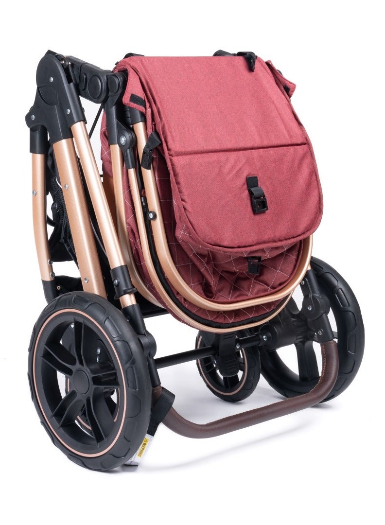 Belecoo One Fold-to-Half Luxury Baby Stroller 2-in-1 Travel Pram & Bassinet – Lightweight Compact Foldable Pushchair with Reversible Handlebar, Adjustable Reclining Backrest, Extendable Canopy, Shock Absorbing Wheels, Storage Basket – High Landscape Newborn & Toddler Stroller for Boys & Girls – Elegant Red.