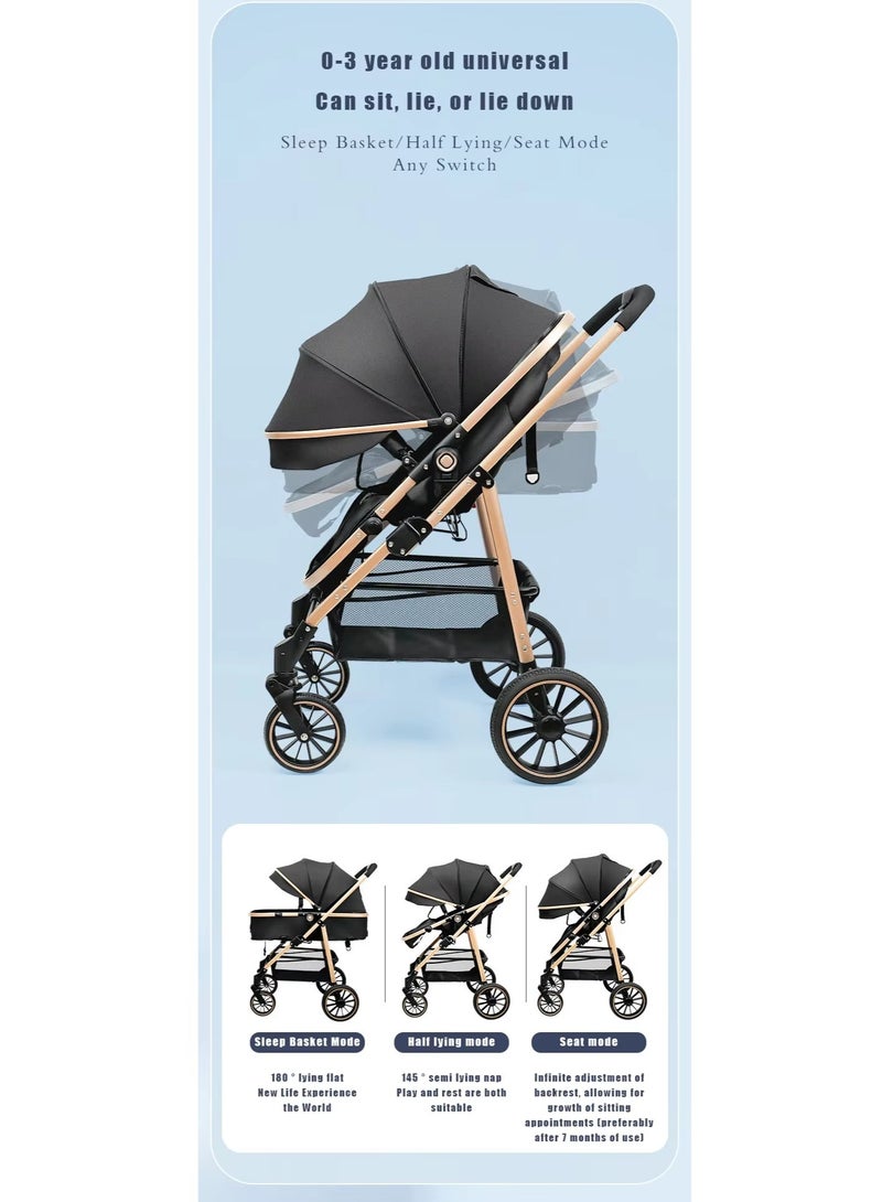 Newborn stroller 2 in 1 Convertible Baby Stroller, Folding High Landscape Infant Carriage, Bassinet Stroller, Foldable Aluminum Alloy Pushchair with Adjustable Backrest and Adjustable Direction.