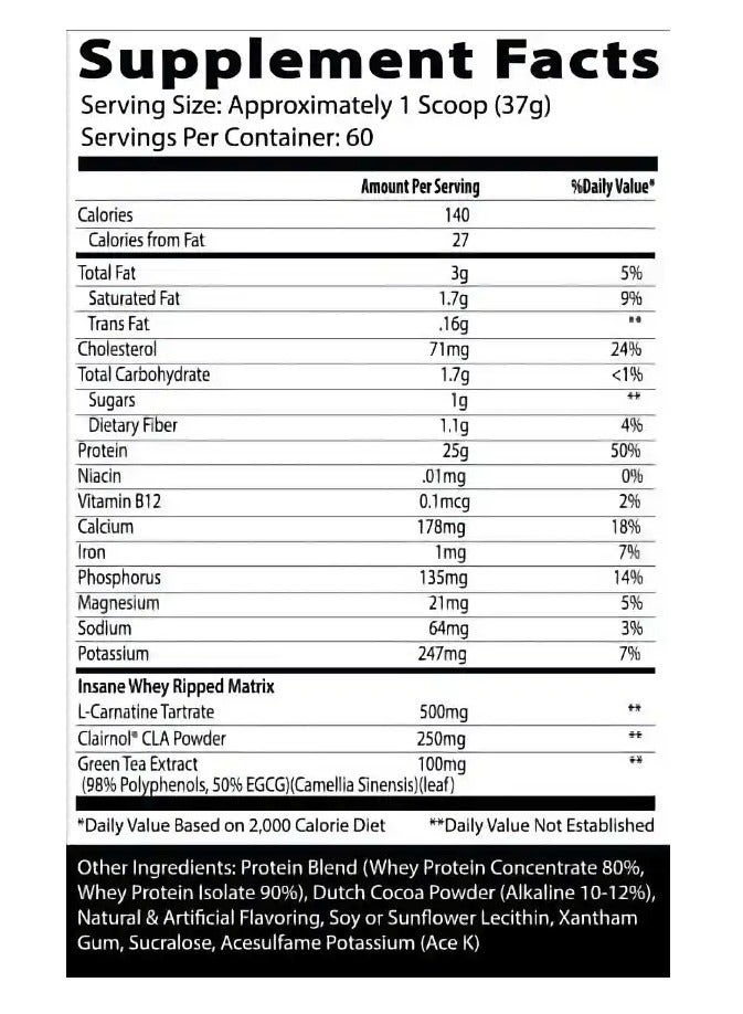 Insane Labz Insane Whey Ripped, Lean Muscle Building Protein with L-Carnitine and CLA Oil Powder, 5lbs Chocolate