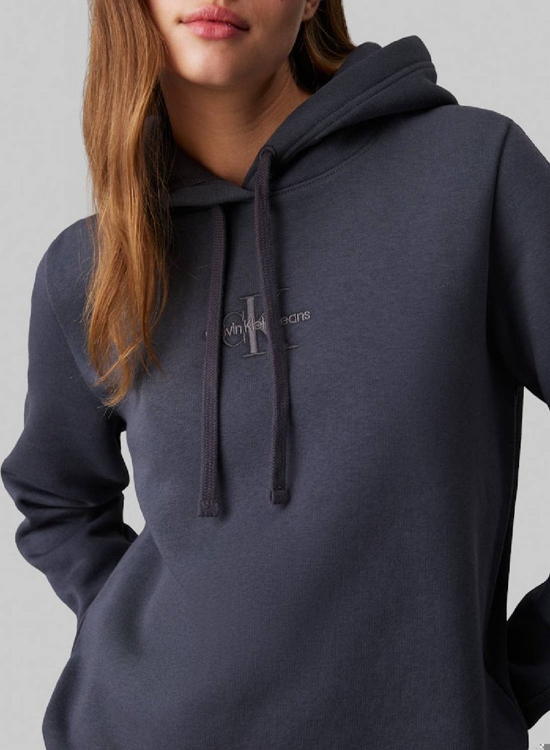 Women's  Monologo Regular Pullover Hoodie , Black - Cotton Blend