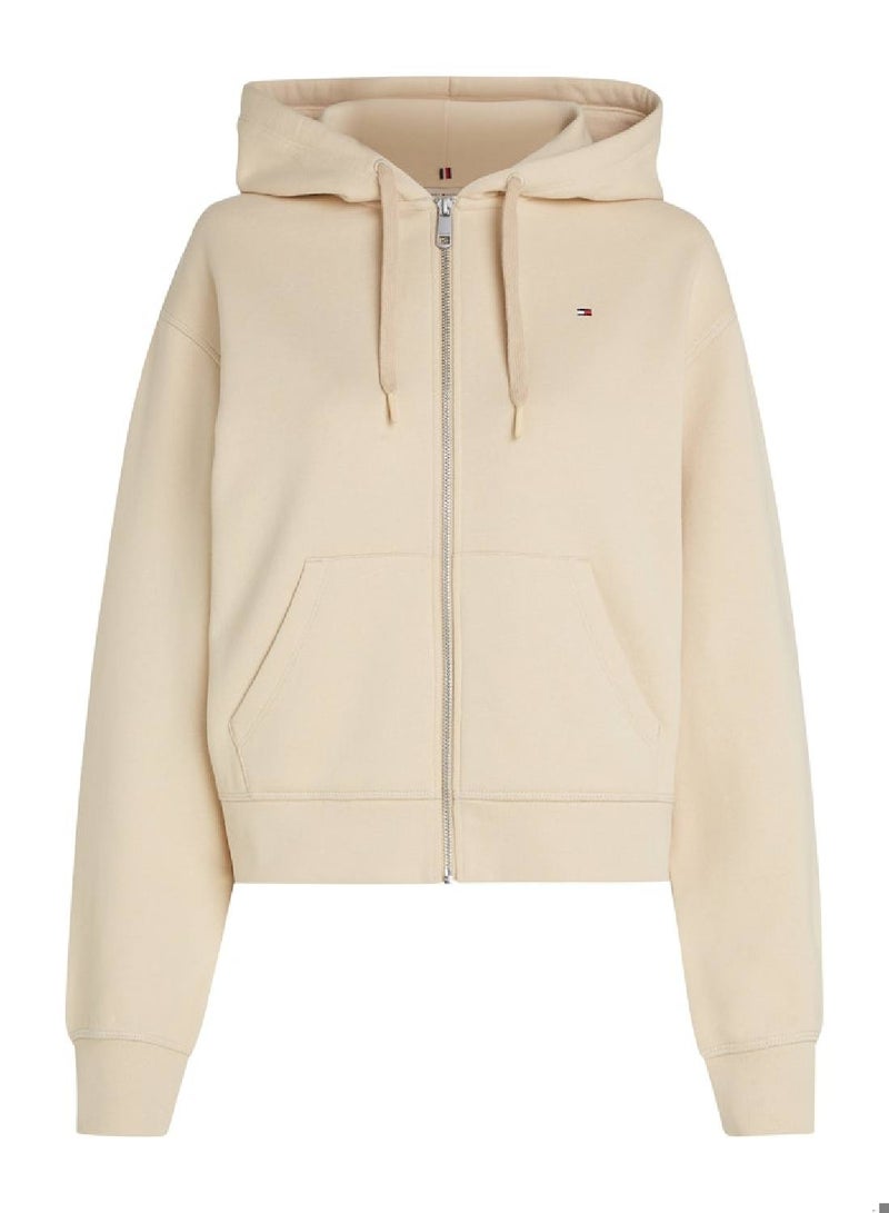 Women's Regular Fit Zip Through Hoodie, Beige - Cotton Blend