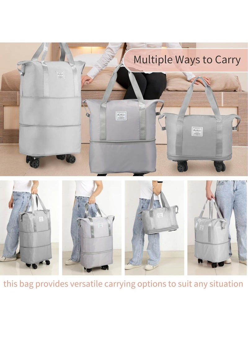 Duffle Bag with Wheels Expandable Foldable Duffle Bag for Travel Rolling Luggage bag Carry on Duffel Bag Travel Duffle Bag Large Weekend Bag Hand Shoulder Bag (Grey)