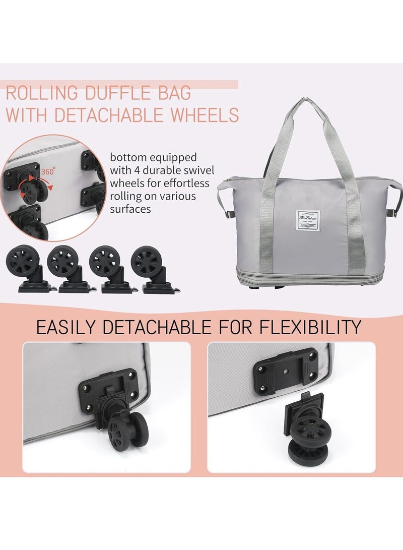 Duffle Bag with Wheels Expandable Foldable Duffle Bag for Travel Rolling Luggage bag Carry on Duffel Bag Travel Duffle Bag Large Weekend Bag Hand Shoulder Bag (Grey)