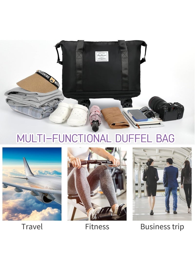 Duffle Bag with Wheels Expandable Foldable Duffle Bag for Travel Rolling Luggage bag Carry on Duffel Bag Travel Duffle Bag Large Weekend Bag Hand Shoulder Bag (Black)