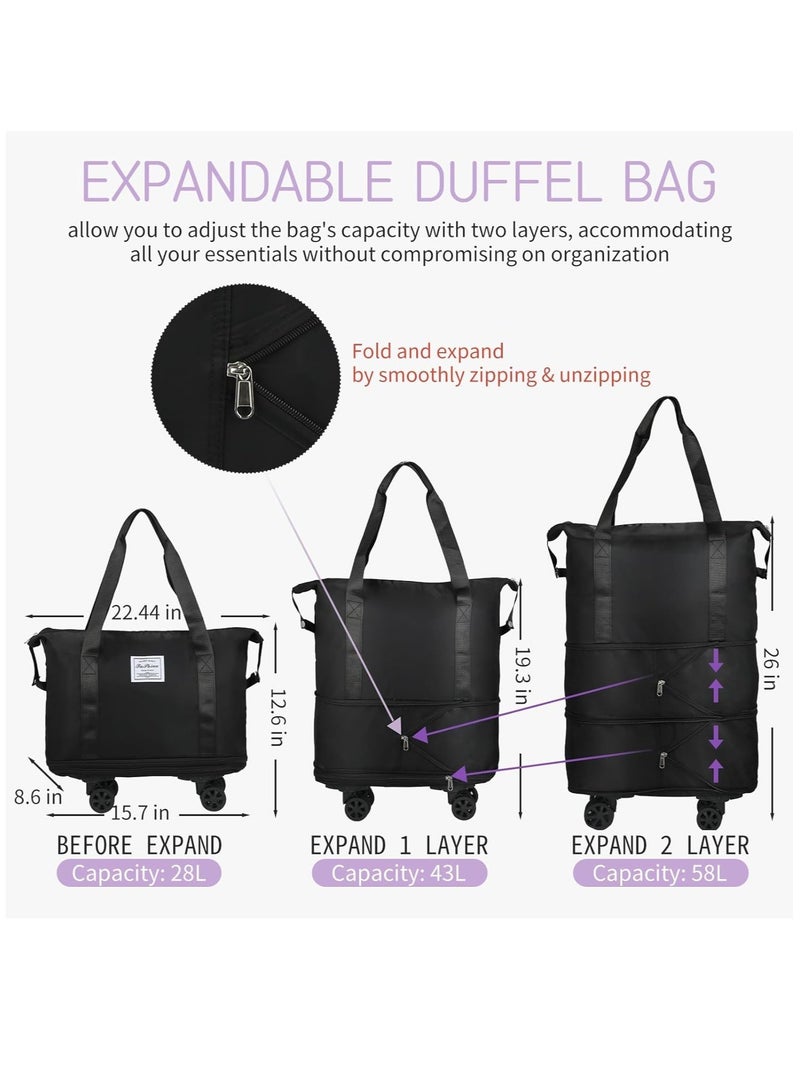 Duffle Bag with Wheels Expandable Foldable Duffle Bag for Travel Rolling Luggage bag Carry on Duffel Bag Travel Duffle Bag Large Weekend Bag Hand Shoulder Bag (Black)