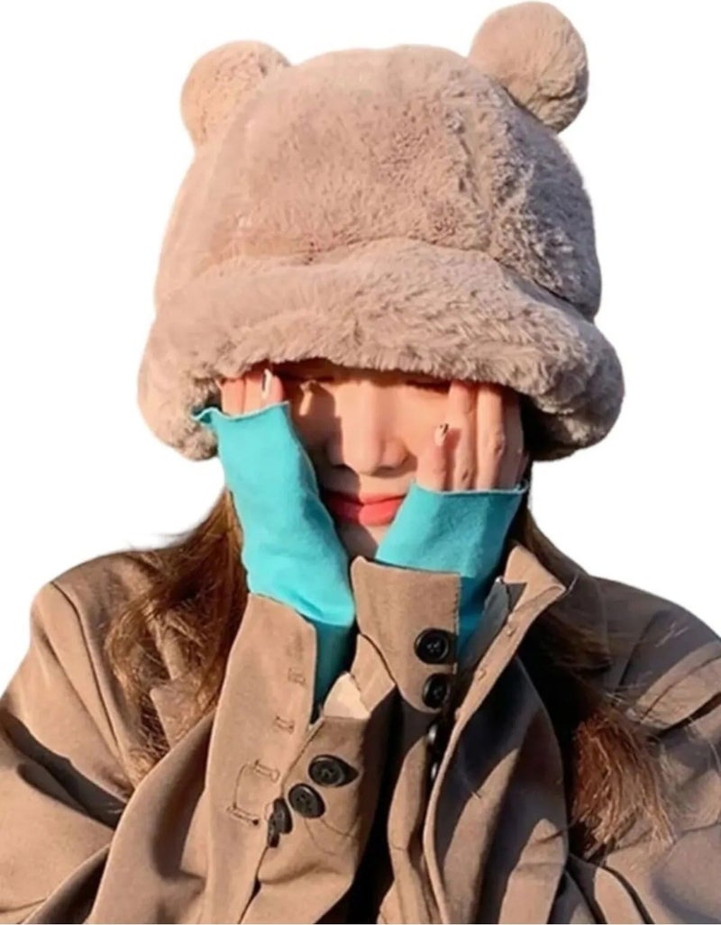 Women's Cute Bear Ear Plush Bucket Hat