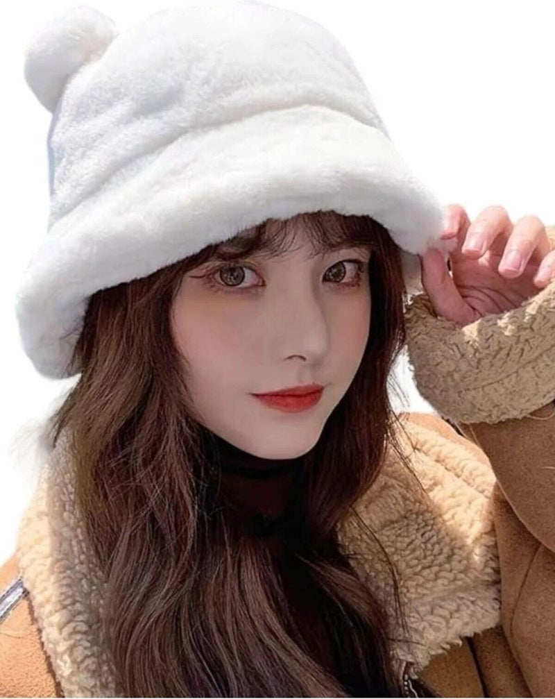 Women's Cute Bear Ear Plush Bucket Hat