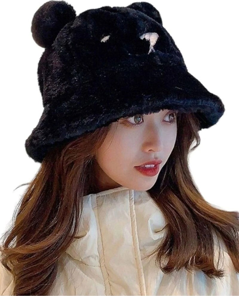 Women's Cute Bear Ear Plush Bucket Hat