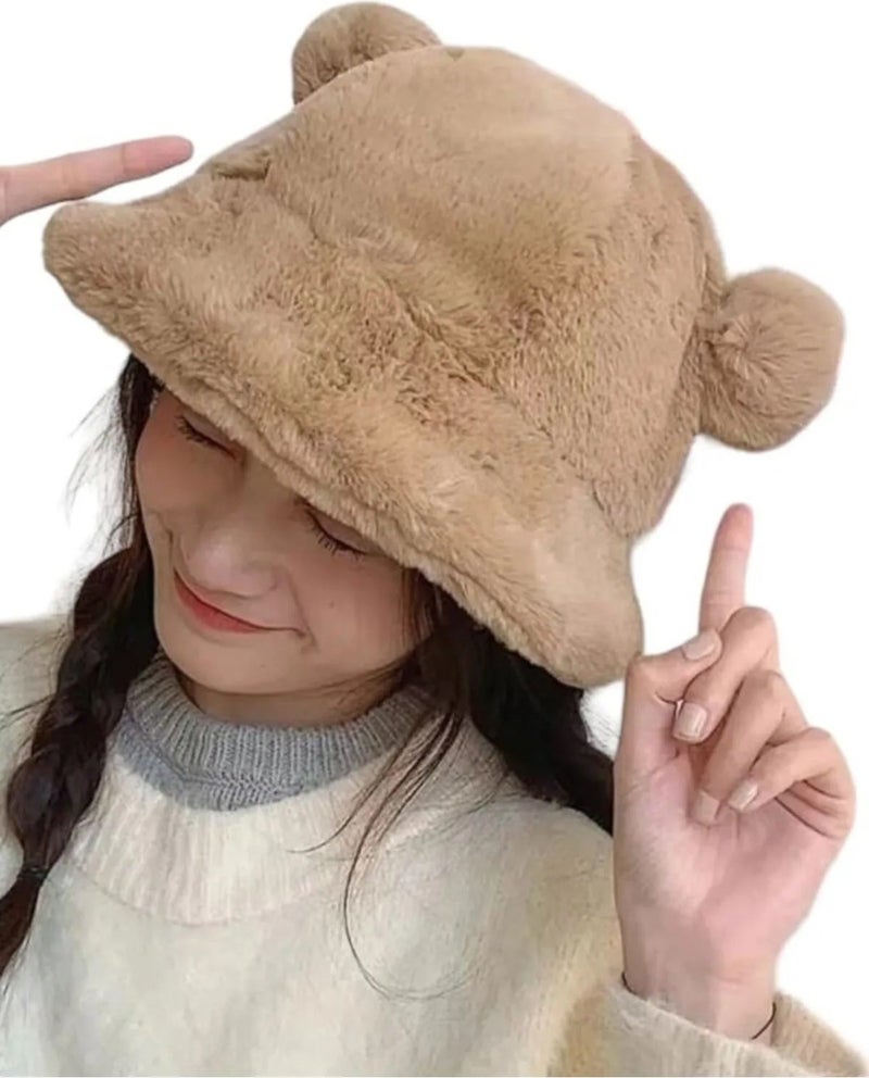 Women's Cute Bear Ear Plush Bucket Hat