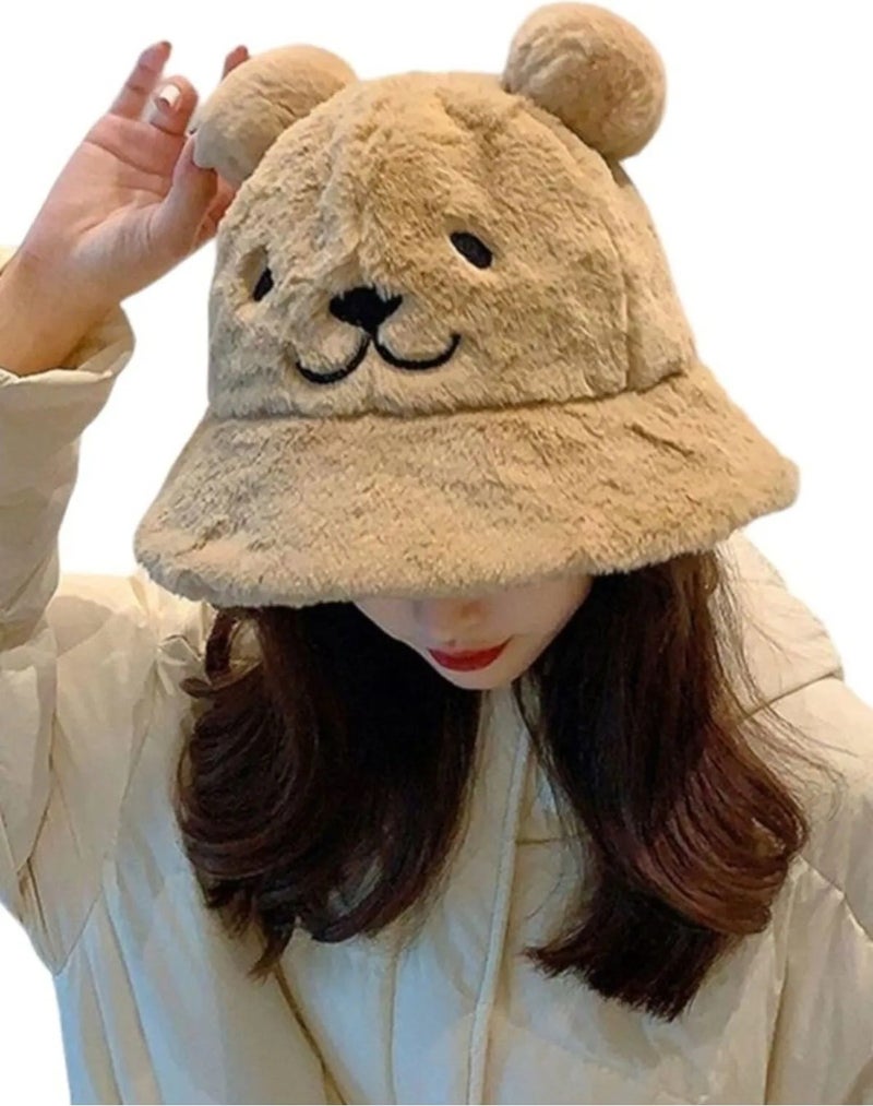 Women's Cute Bear Ear Plush Bucket Hat