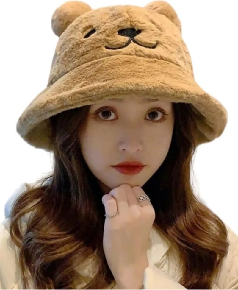 Women's Cute Bear Ear Plush Bucket Hat