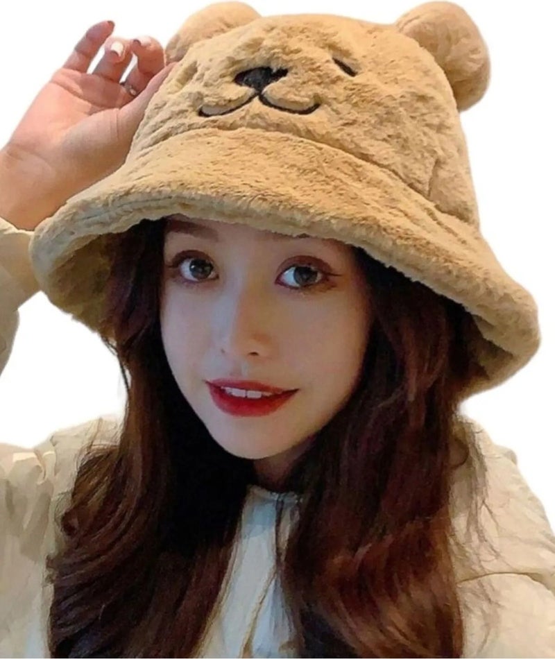 Women's Cute Bear Ear Plush Bucket Hat