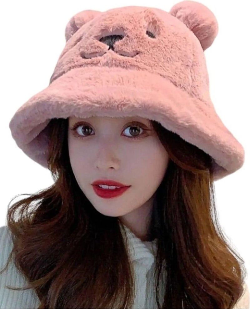 Women's Cute Bear Ear Plush Bucket Hat