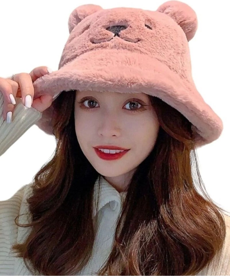 Women's Cute Bear Ear Plush Bucket Hat