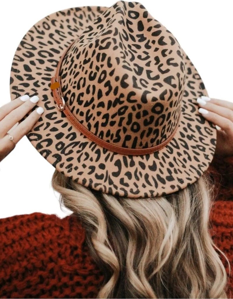 Women's Leopard Patterned Panama Fedora Hat