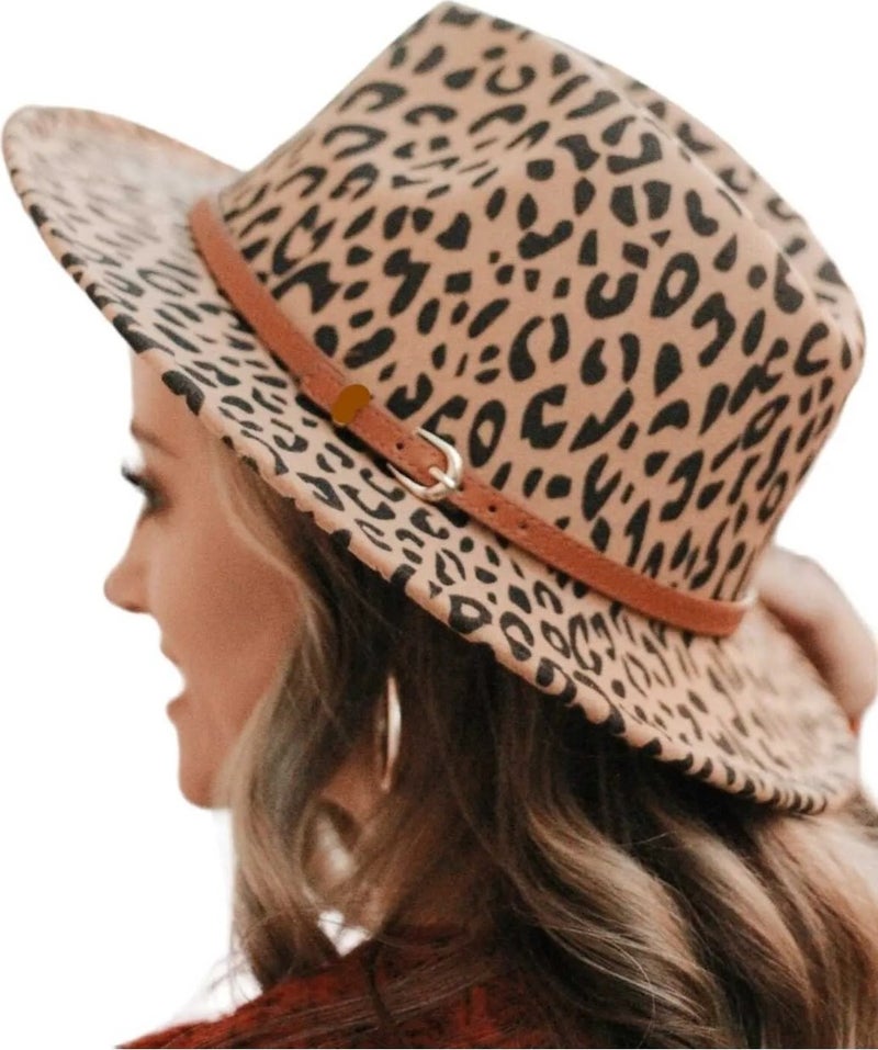 Women's Leopard Patterned Panama Fedora Hat