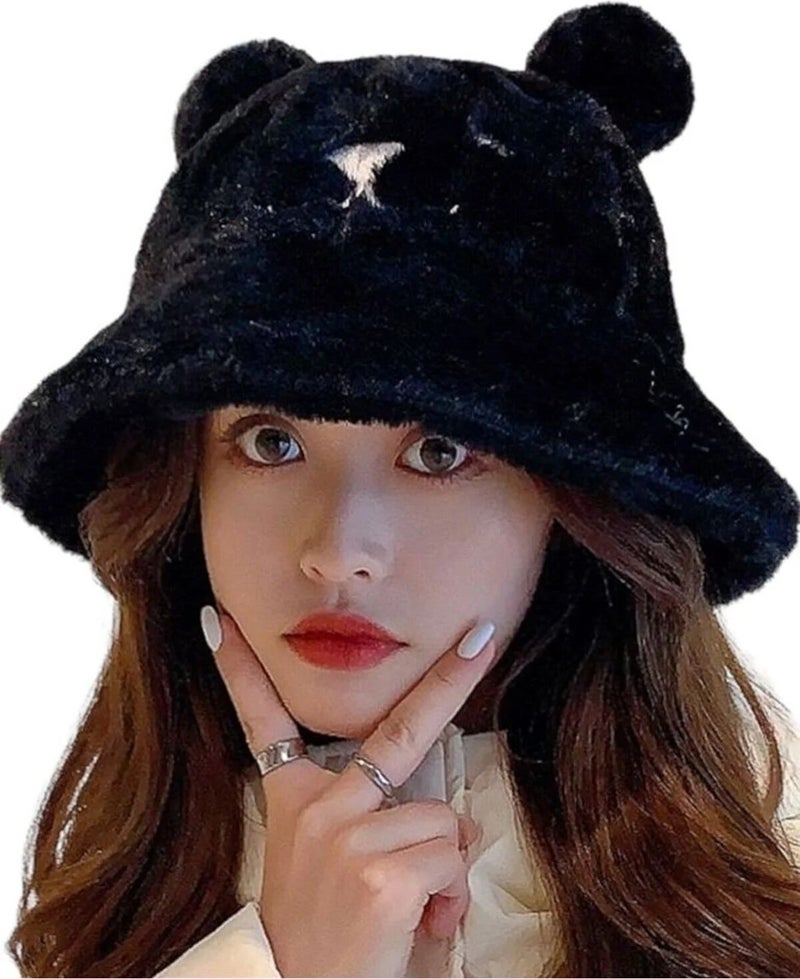 Women's Cute Bear Ear Plush Bucket Hat