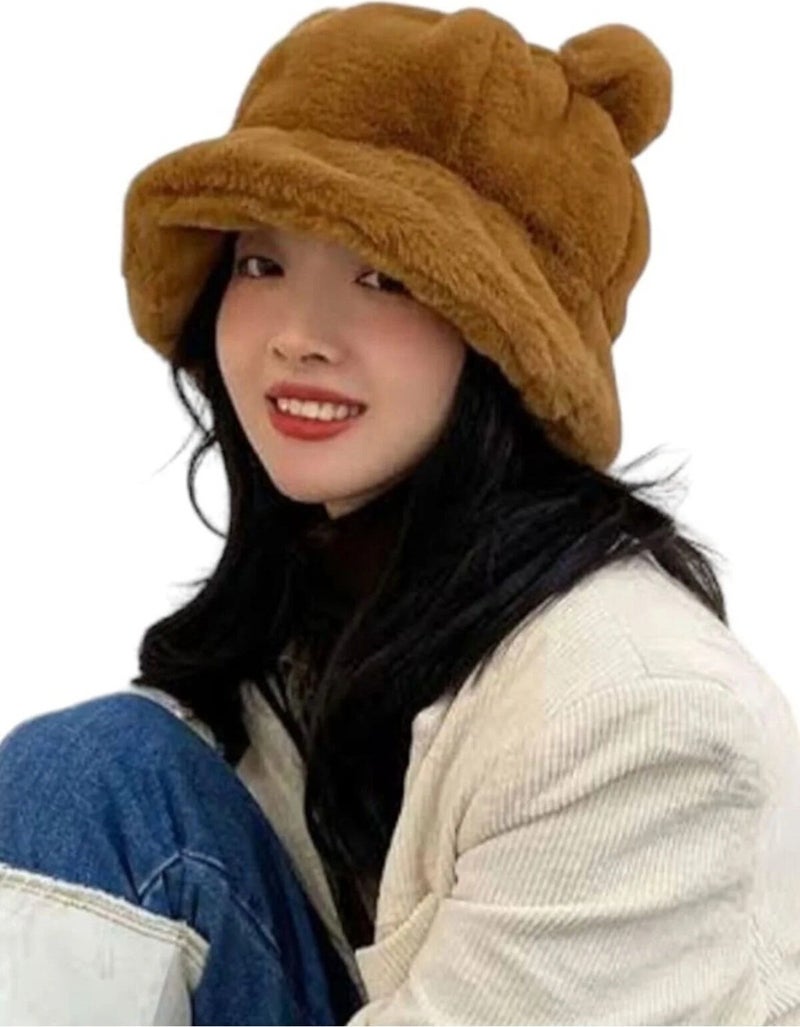 Women's Cute Bear Ear Plush Bucket Hat