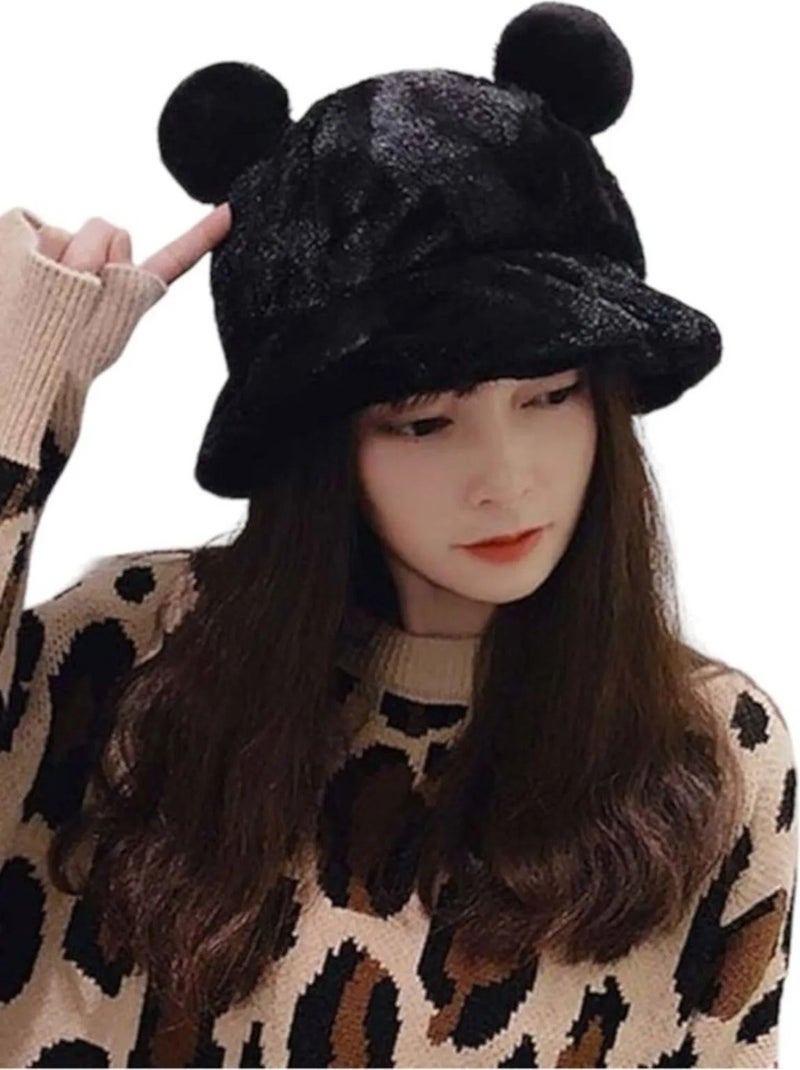 Women's Cute Bear Ear Plush Bucket Hat