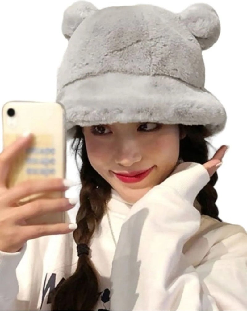 Women's Cute Bear Ear Plush Bucket Hat