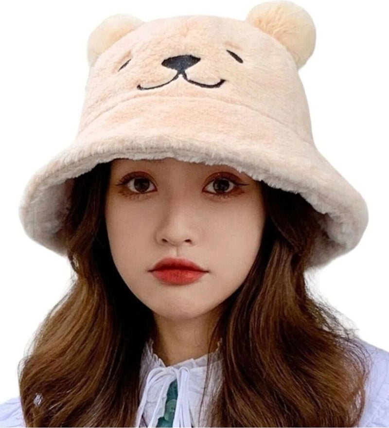 Women's Cute Bear Ear Plush Bucket Hat