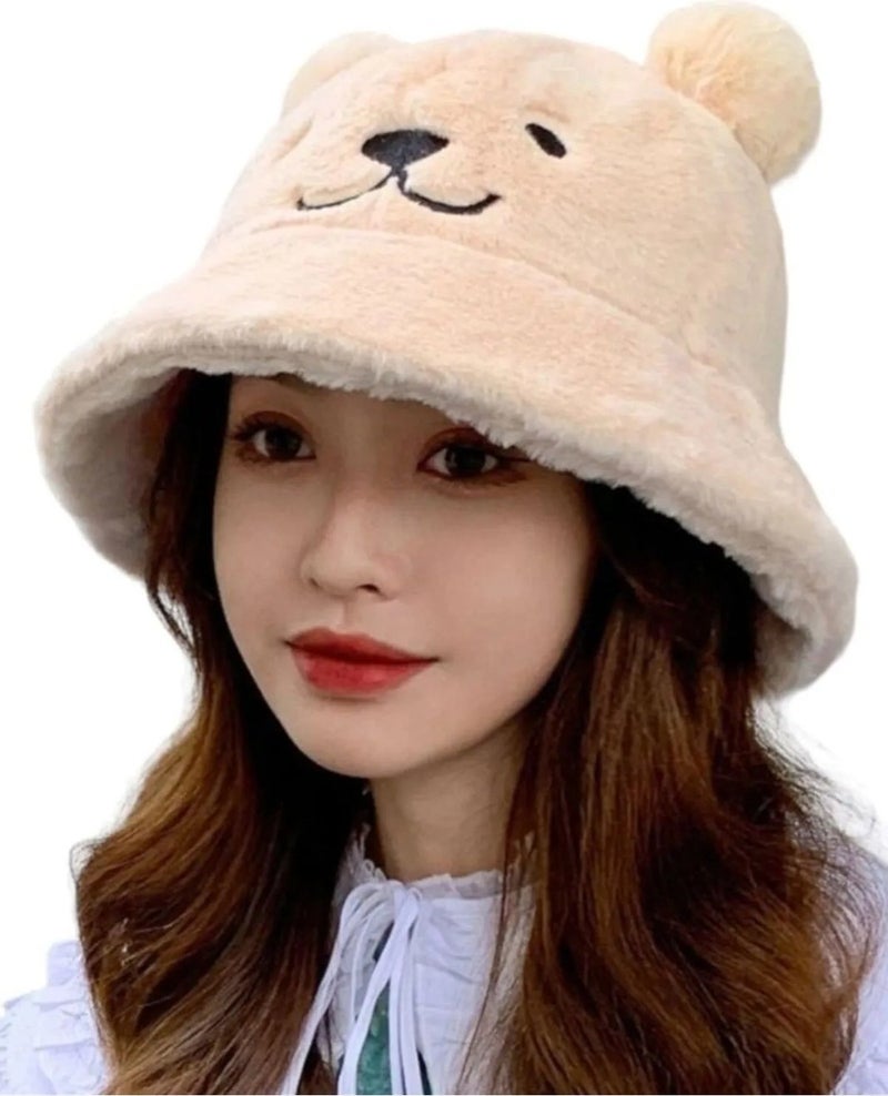 Women's Cute Bear Ear Plush Bucket Hat