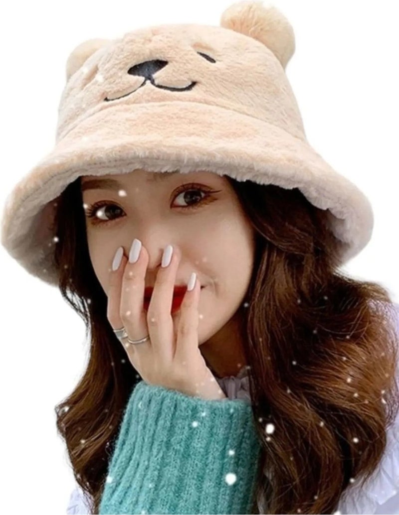 Women's Cute Bear Ear Plush Bucket Hat