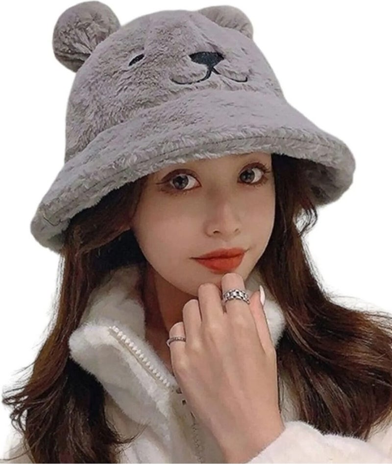 Women's Cute Bear Ear Plush Bucket Hat