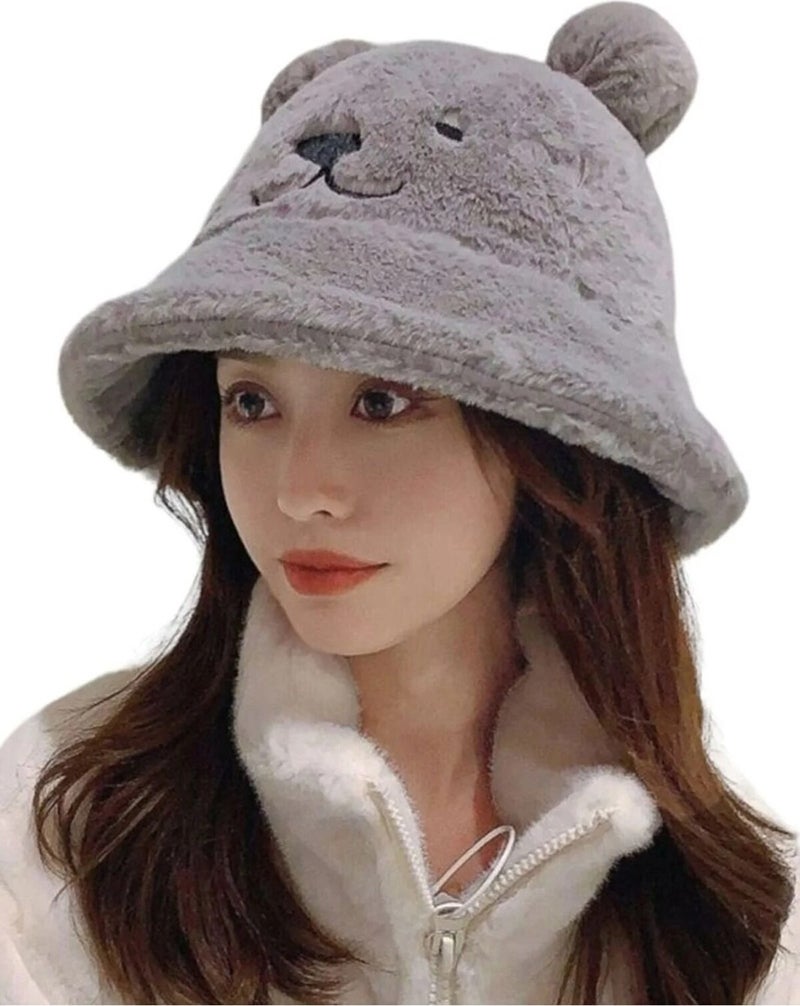 Women's Cute Bear Ear Plush Bucket Hat