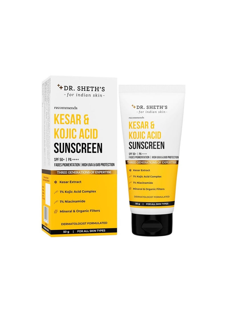 Dr. Sheth's Kesar & Kojic Acid Sunscreen For All Skin Types Spf 50 Pa++++ For Pigtation-Free Skin | No White Cast And Light Weight For Daily Moisturization- 50G, Pack Of 1