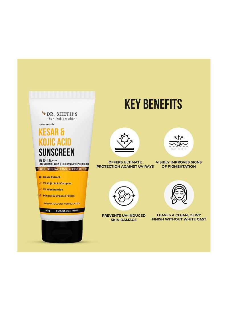 Dr. Sheth's Kesar & Kojic Acid Sunscreen For All Skin Types Spf 50 Pa++++ For Pigtation-Free Skin | No White Cast And Light Weight For Daily Moisturization- 50G, Pack Of 1