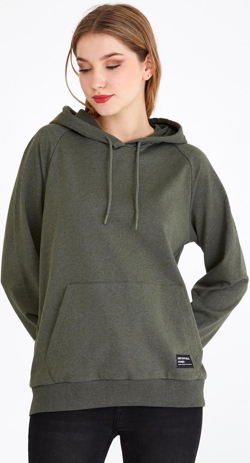 Women's Khaki Color Hooded Basic Knitted Sweatshirt