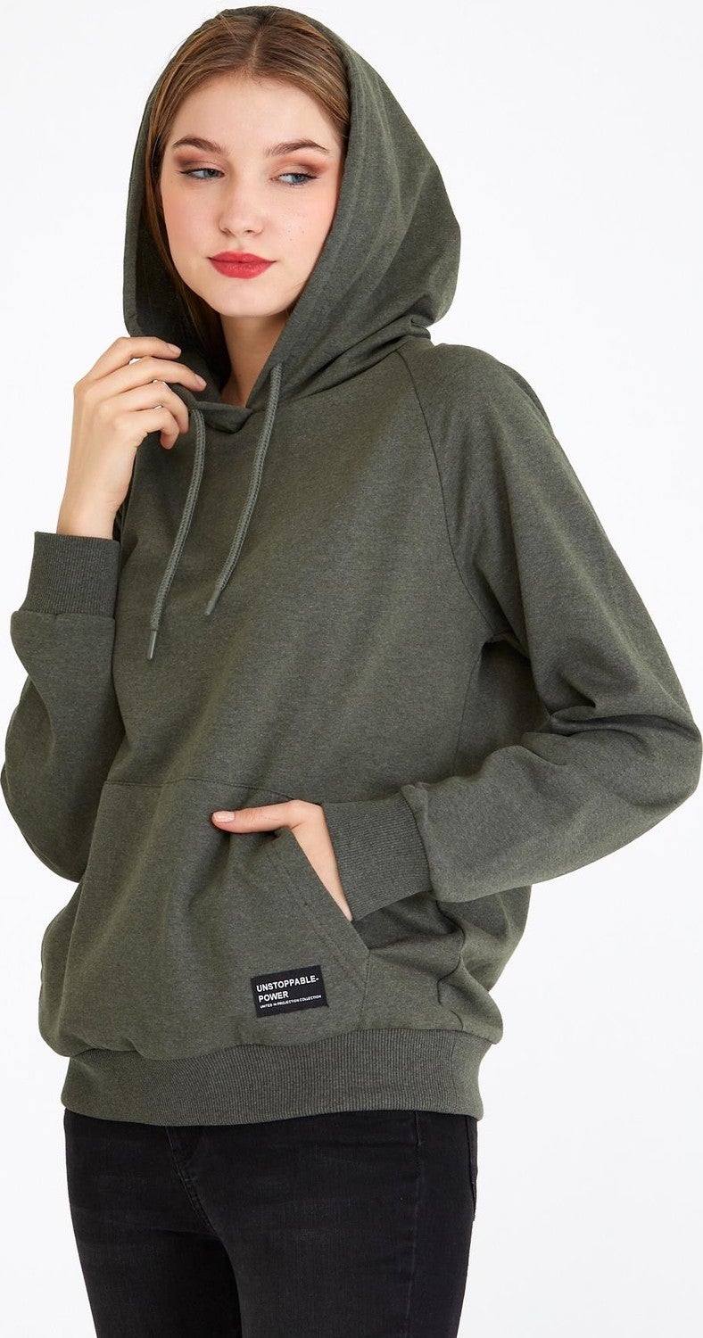 Women's Khaki Color Hooded Basic Knitted Sweatshirt