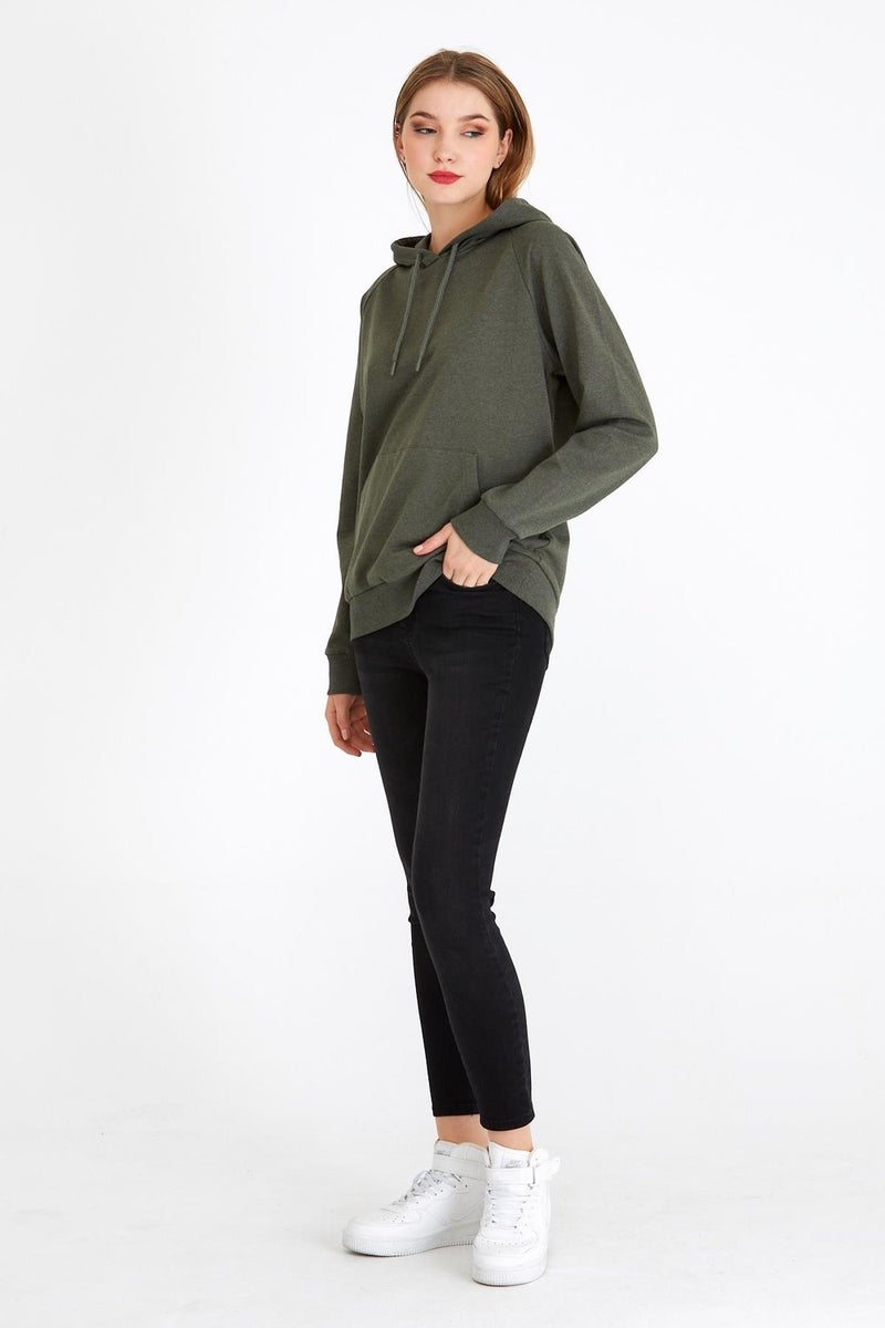 Women's Khaki Color Hooded Basic Knitted Sweatshirt