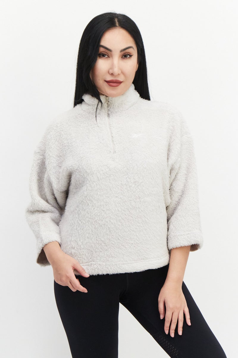 Women Sportswear Fit Faux Fur Sweater, Beige