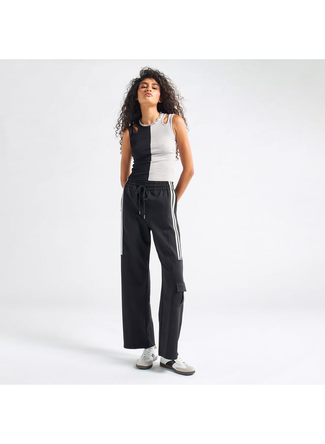 Solid Tape Detail Wide Leg Pants with Cargo Pockets and Drawstring Closure