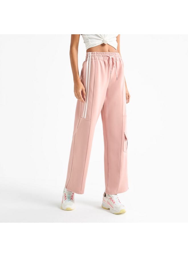 Solid Tape Detail Wide Leg Pants with Cargo Pockets and Drawstring Closure