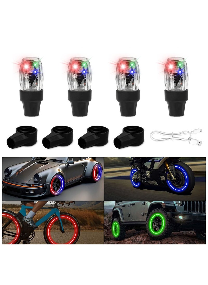 LED Tire Valve Cap Lights, 4Pcs Glow in The Dark LED Tire Valve Wheel Lights, Waterproof Rechargeable Wheel Flashing Lamp, LED Colorful Wheel Lights, for Car Bike Motorcycle Accessories.