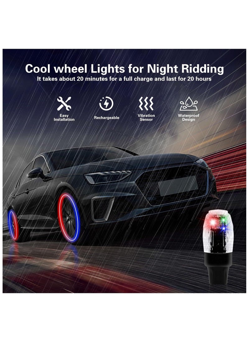 LED Tire Valve Cap Lights, 4Pcs Glow in The Dark LED Tire Valve Wheel Lights, Waterproof Rechargeable Wheel Flashing Lamp, LED Colorful Wheel Lights, for Car Bike Motorcycle Accessories.