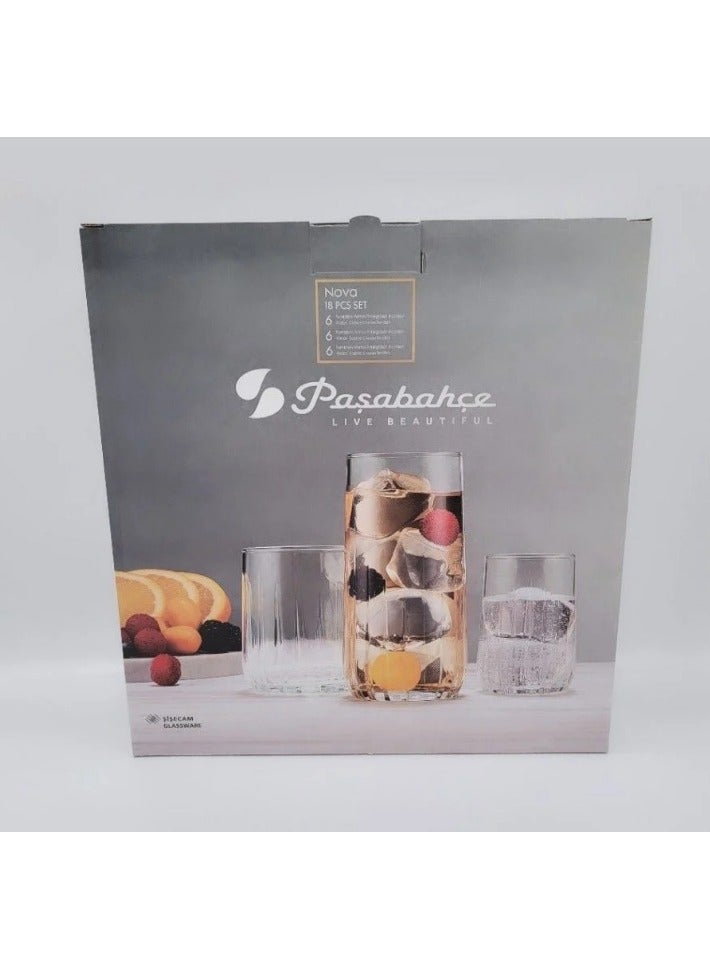 18 Pieces Nova Tumbler Set 6 Pieces Long Drink Glass 360 Ml, 6 Pieces Whisky Glass 315 Ml, 6 Pieces Liqueur Glass 135 Ml Clear