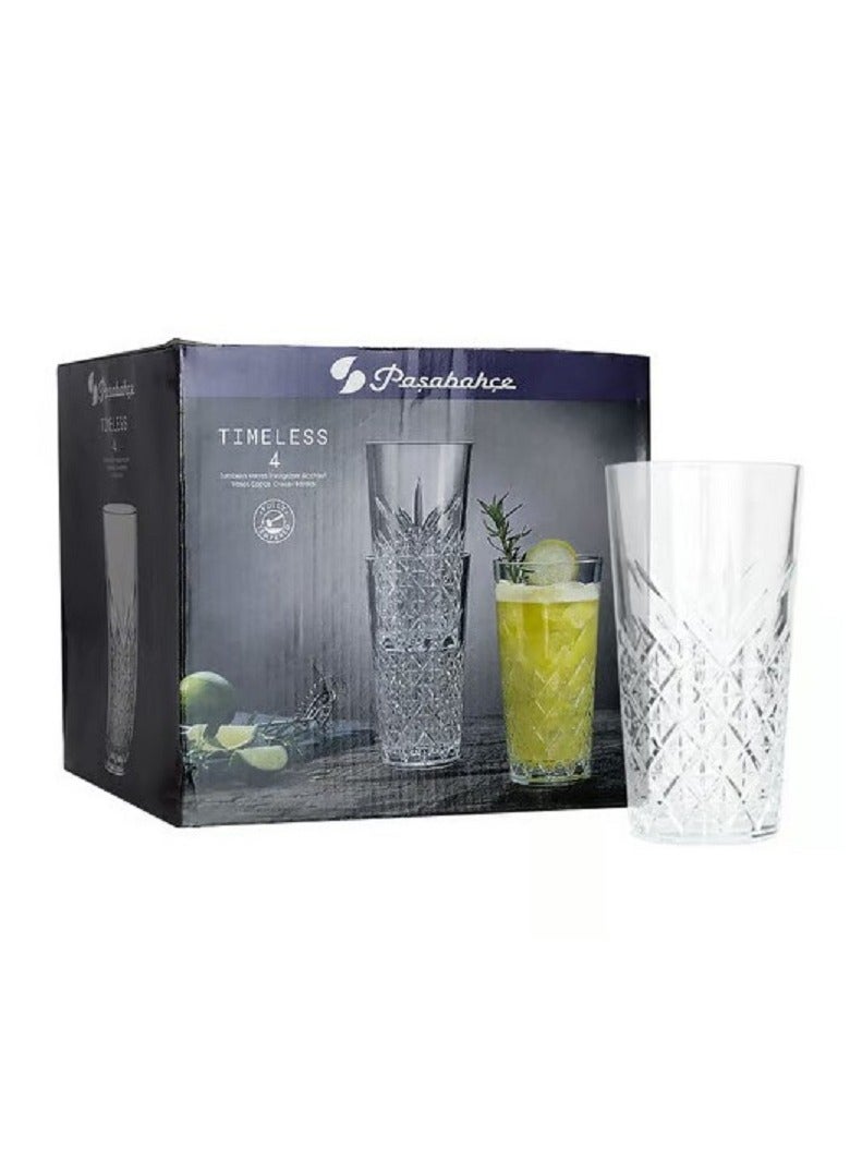 4 Pieces Timeless Long Drink Tumbler, 470 Ml, 159 Mm Height, 85.5 Mm Diameter, Fully Tempered, Stackable Clear