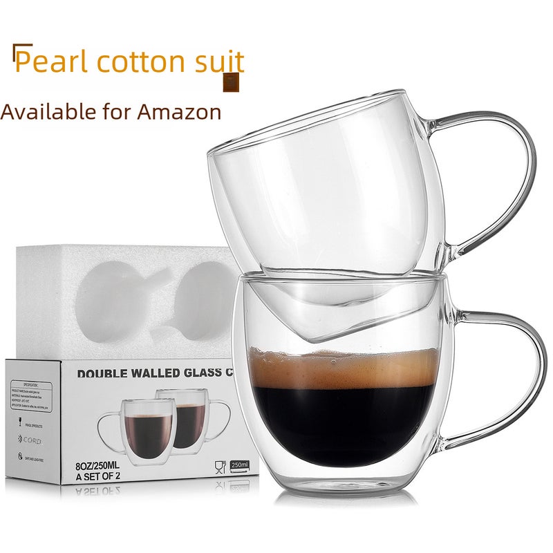 Household Coffee Cup Set with Handle High Borosilicate Double Layer Glass Transparent Water Cup Set Milk Juice Cup Pearl cotton + color box packaging