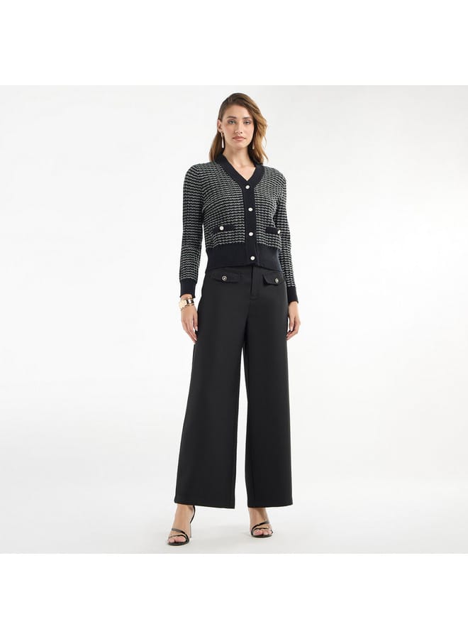Textured V-neck Cardigan with Long Sleeves and Button Closure