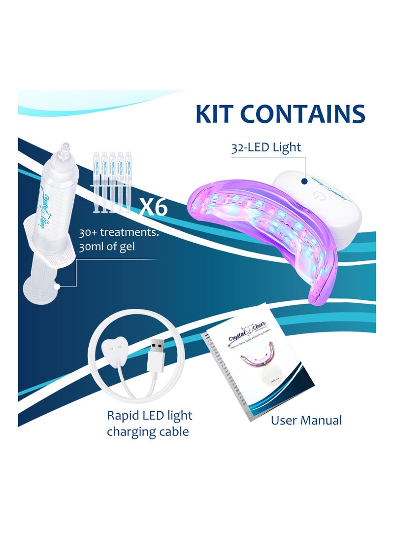 Crystal Clear Teeth Whitening Kit, 30 Minute Express Fast Results for Teeth Whitening at Home, Non Sensitive Teeth Whitening Kit with Rechargeable LED Light, MADE IN USA! Dentists APPROVED.